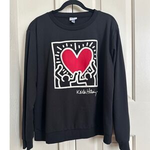 Pull & Bear Keith Haring Black Sweatshirt‎ XL Heart Figure Graphic Crewneck